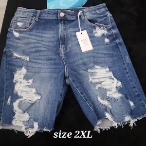 Distressed Denim Bermuda Shorts - Blue